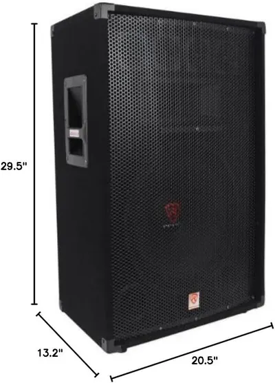 Communicates the exact physical dimensions of the speaker (29.5" x 20.5" x 13.2") to help shoppers understand its size and determine if it fits their space or transport needs.