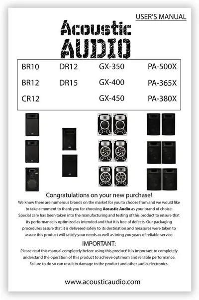 Displays the brand's product lineup and compatible models covered by this user manual, helping customers identify which speaker/audio system they own and confirming brand trust.
