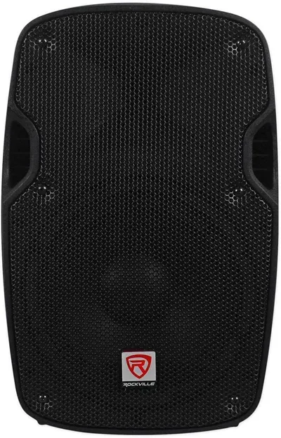 Provides a clean, catalog-style view of the Rockville speaker showing its textured mesh grille, side handles, and brand logo without distractions.
