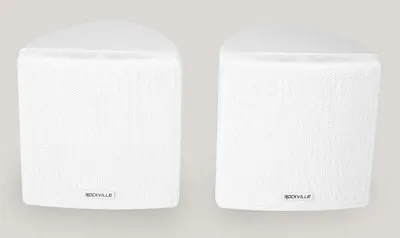 Shows two white Rockville speakers in a clean, catalog-style presentation to give shoppers a clear view of the product's appearance and design without distractions.