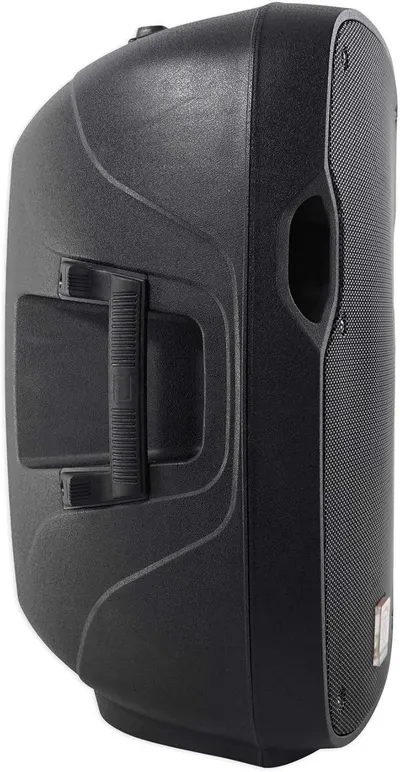 Provides a clean, catalog-style view of the speaker from an angle showing its physical design, handle, and mesh grille without distractions.