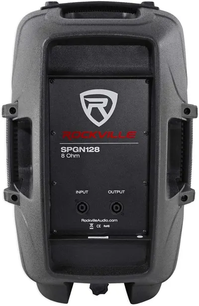 Provides a clean, catalog-style view of the Rockville speaker showing the back panel with model number, input/output ports, and brand logo for product identification.