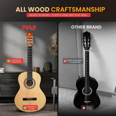 Demonstrates the superiority of the PYLE guitar's all-wood construction (hardwood fingerboard and bridge) compared to a competitor's guitar that uses plastic components, emphasizing quality and…