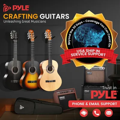 This image showcases the Pyle brand's guitar product line and emphasizes brand trust through service promises including USA shipping, nationwide coverage, and multi-channel customer support to build…