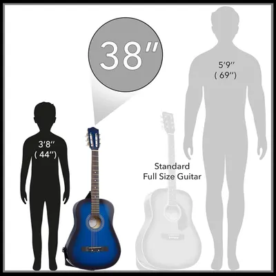 Demonstrates the physical size of the 38-inch guitar by comparing it to human figures of different heights and a standard full-size guitar, helping shoppers understand scale and suitability for…