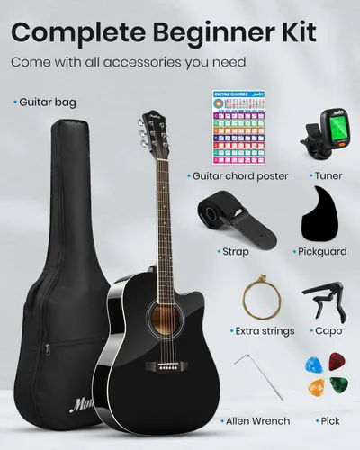 Shows everything included in the guitar beginner kit to help shoppers understand the complete value and convenience of receiving all necessary accessories in one purchase.