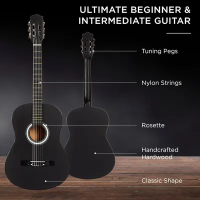 This image breaks down the physical components of the guitar to educate shoppers about its construction and key parts, helping them understand what makes this a quality beginner and intermediate…