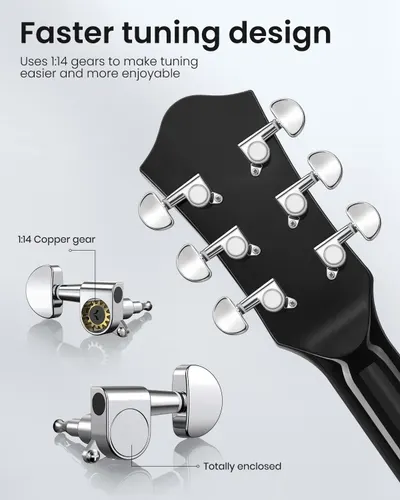 Highlights the internal mechanical components and construction of the guitar tuning pegs, showing the 1:14 copper gear system and enclosed design to communicate precision engineering and quality.…