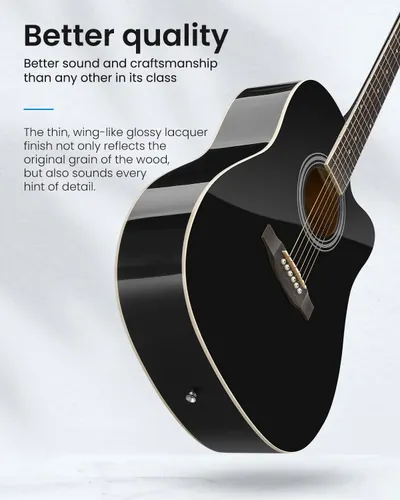 Communicates the guitar's superior quality through craftsmanship and sound, emphasizing the premium lacquer finish that reflects wood grain detail to position it as better than competitors in its…