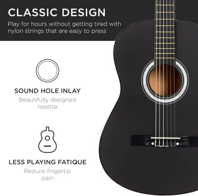 Showcases multiple distinct benefits of the guitar including its classic design with easy-to-press nylon strings, the beautifully designed rosette sound hole inlay, and reduced fingertip pain for…
