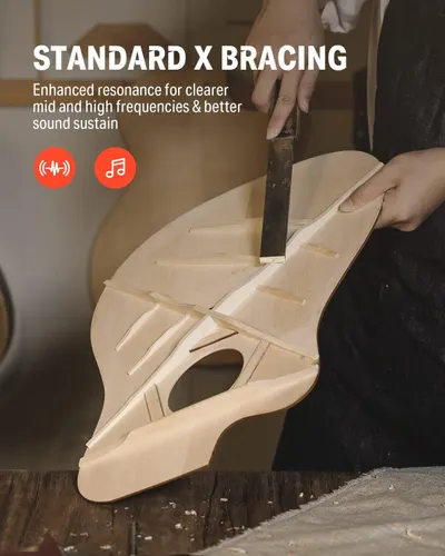 Highlights the guitar's Standard X Bracing construction feature, which delivers enhanced resonance, clearer mid and high frequencies, and better sound sustain to reassure shoppers of superior sound…