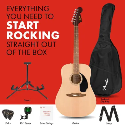 Shows everything included in the guitar starter package to reassure shoppers they have all necessary accessories to begin playing immediately.