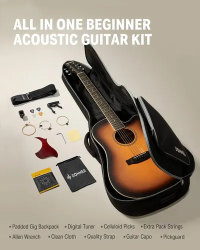 Shows everything included in the beginner acoustic guitar kit to demonstrate value and completeness, reassuring shoppers they have all necessary accessories to start playing immediately.