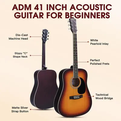 This image breaks down the physical components and construction features of the acoustic guitar to help beginners understand the quality and specifications of each part.