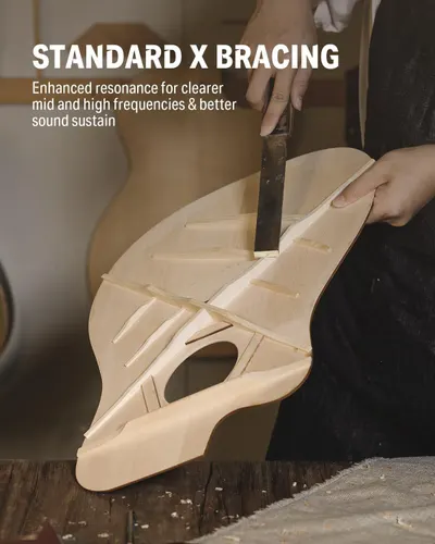 Highlights the internal structural component (X bracing) of the guitar to communicate enhanced sound quality and resonance, reassuring shoppers of superior craftsmanship and acoustic performance.…