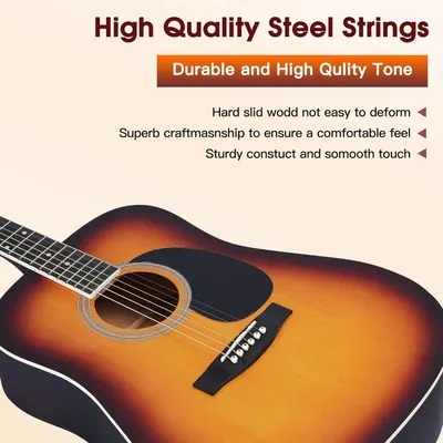 Communicates multiple quality and performance benefits of the guitar, emphasizing the steel strings' durability, sound quality, and craftsmanship to reassure shoppers of the product's premium…