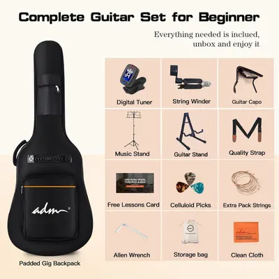 Shows everything included in the beginner guitar set to demonstrate value and completeness, reassuring shoppers they have all necessary accessories to start playing immediately.