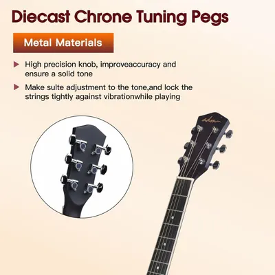Highlights the metal construction and precision tuning knobs of the guitar tuning pegs, emphasizing material quality and tuning accuracy for musicians. Communicates the benefit of improved accuracy…