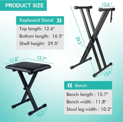 Provides exact measurements of the keyboard stand and bench to help shoppers understand the physical size and ensure it fits their space and needs.