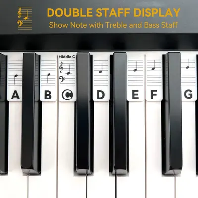 Communicates that the piano keyboard includes a helpful learning feature showing note names and their positions on both treble and bass staff, making it easier for beginners to learn music notation.