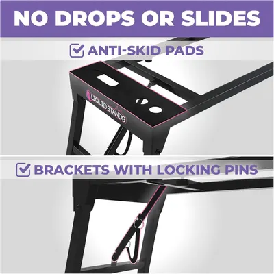 Highlights two distinct safety and stability features of the keyboard stand to reassure shoppers that the product is secure and won't slip or collapse during use.