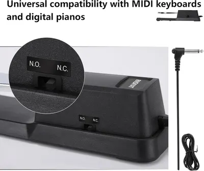 Demonstrates that the sustain pedal is universally compatible with MIDI keyboards and digital pianos, reassuring shoppers about broad device compatibility. Highlights the physical components of the…