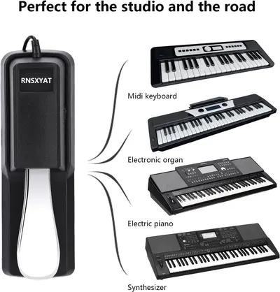 Demonstrates that the sustain pedal is compatible with multiple types of electronic keyboards including MIDI keyboards, electronic organs, electric pianos, and synthesizers, reassuring shoppers of…