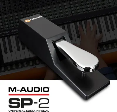 Shows the sustain pedal in a real-world music production environment to help shoppers visualize the product in use with their keyboard setup.