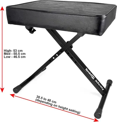 Communicates the precise physical dimensions and adjustable height settings of the keyboard bench to help shoppers understand if it will fit their space and ergonomic needs.