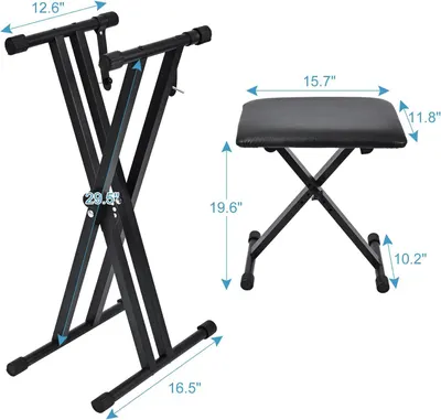 Communicates the exact physical dimensions of the keyboard stand and bench to help shoppers understand the size and ensure it fits their space and needs.
