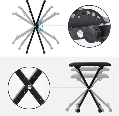 Highlights the physical components and adjustment mechanisms of the folding stool, showing shoppers how the height adjustment knob and central pivot joint work to provide customizable seating.
