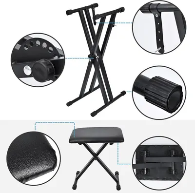 This image breaks down the physical components and structural features of the keyboard stand and bench set, helping shoppers understand the build quality and functional parts of the product.