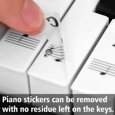 Reassures shoppers that the piano learning stickers can be cleanly removed without leaving any sticky residue on the keys.