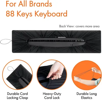 Communicates the keyboard cover's multiple protective and functional features, including secure locking mechanisms and durable elastic construction, to reassure shoppers of its quality and…