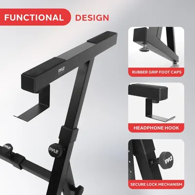 Breaks down the keyboard stand's key physical components and functional features to help shoppers understand the product's thoughtful design and built-in conveniences.