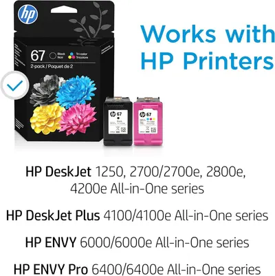 Shows which HP printer models and series are compatible with this HP 67 ink cartridge 2-pack, helping shoppers confirm the product will work with their specific printer.