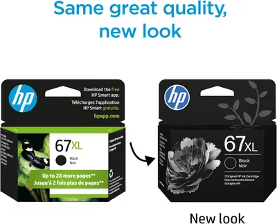 Communicates to shoppers that the HP 67XL ink cartridge has updated packaging design while maintaining the same quality, reassuring customers that the product they know and trust is unchanged…