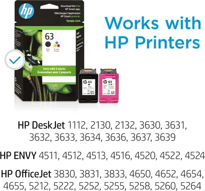 Communicates which HP printer models are compatible with this HP 63 ink cartridge 2-pack, helping shoppers confirm the product will work with their specific printer.