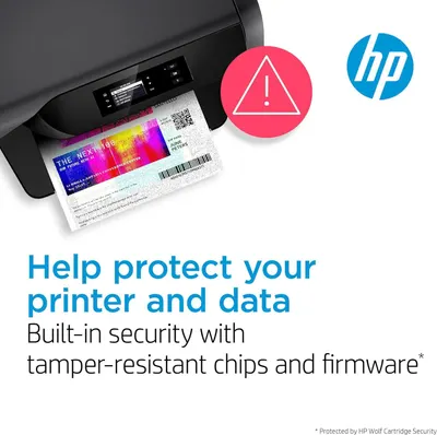 Communicates that the HP printer includes built-in security features to protect the device and user data from tampering and threats.