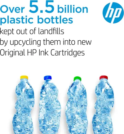 Communicates HP's environmental commitment by highlighting that over 5.5 billion plastic bottles have been upcycled into ink cartridges, reassuring eco-conscious shoppers about the brand's…