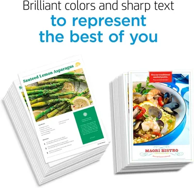 Demonstrates the product's ability to produce high-quality printed materials with vibrant colors and crisp text, showcasing professional-looking recipe cards and menus to reassure shoppers of…