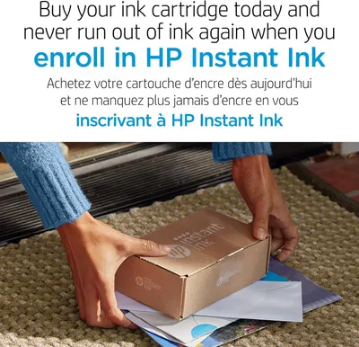 Promotes HP Instant Ink subscription service, emphasizing the convenience of never running out of ink by enrolling in automatic delivery.