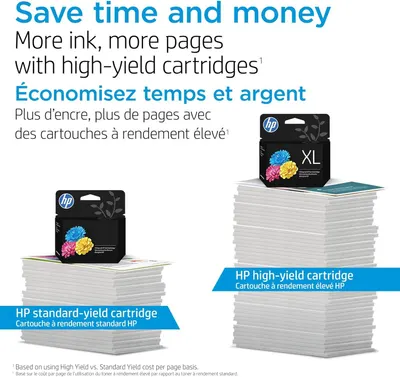 Demonstrates the superior value and page output of HP high-yield cartridges compared to standard-yield cartridges, showing visually that high-yield produces significantly more pages to save time and…