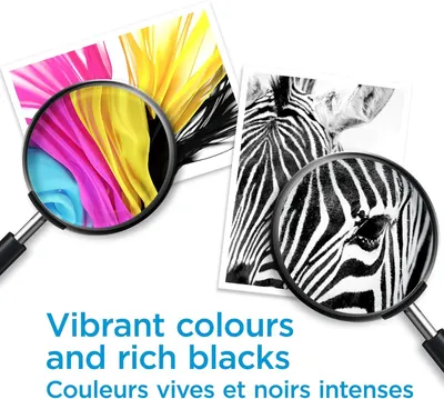 Communicates the product's ability to produce high-quality prints with vibrant colors and deep blacks, reassuring shoppers of superior print quality.
