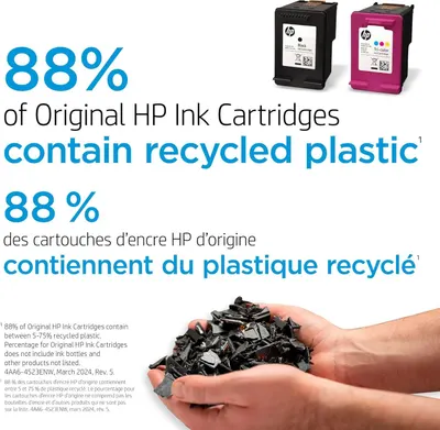 Communicates HP's environmental responsibility by highlighting that 88% of their original ink cartridges contain recycled plastic, reassuring eco-conscious shoppers. Emphasizes the quantifiable…
