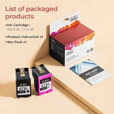 Shows everything included in the purchase—ink cartridges (black and color), product instruction manual, and box packaging—to set clear expectations for the customer about what they will receive.
