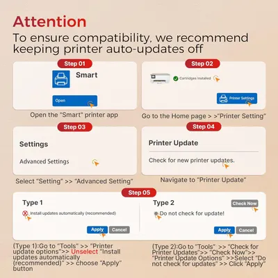 Provides step-by-step instructions to disable automatic printer updates to ensure compatibility with the product (likely ink cartridges).