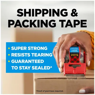 Communicates multiple key benefits of the packing tape in a bulleted list format to reassure shoppers of its strength, durability, and reliability for shipping needs.