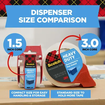 Shows shoppers the two different dispenser sizes available in the Scotch Heavy Duty packaging tape line, helping them choose between compact portability and higher capacity. Communicates the…
