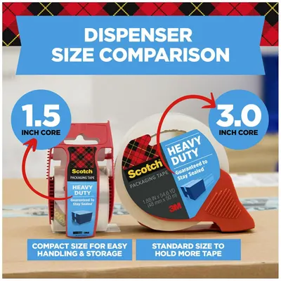 Shows the brand's two dispenser size options side-by-side to help shoppers choose between the compact 1.5-inch core and the standard 3.0-inch core based on their needs.